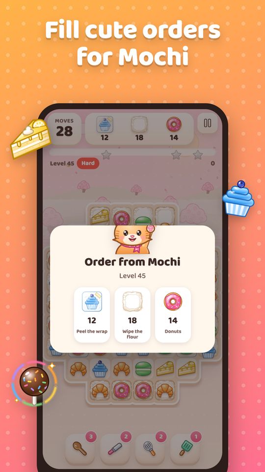 Mochi the baker cat’s order for level 45: peel the wrap, wipe the flour and collect donuts