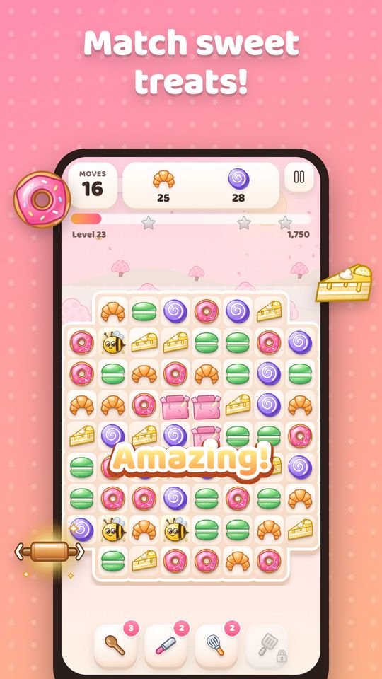 Match-3 board full of donuts, macarons and croissants with an “Amazing!” cheer