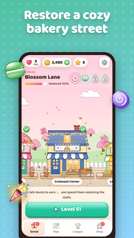 Croissant Corner on Blossom Lane, restored with stars