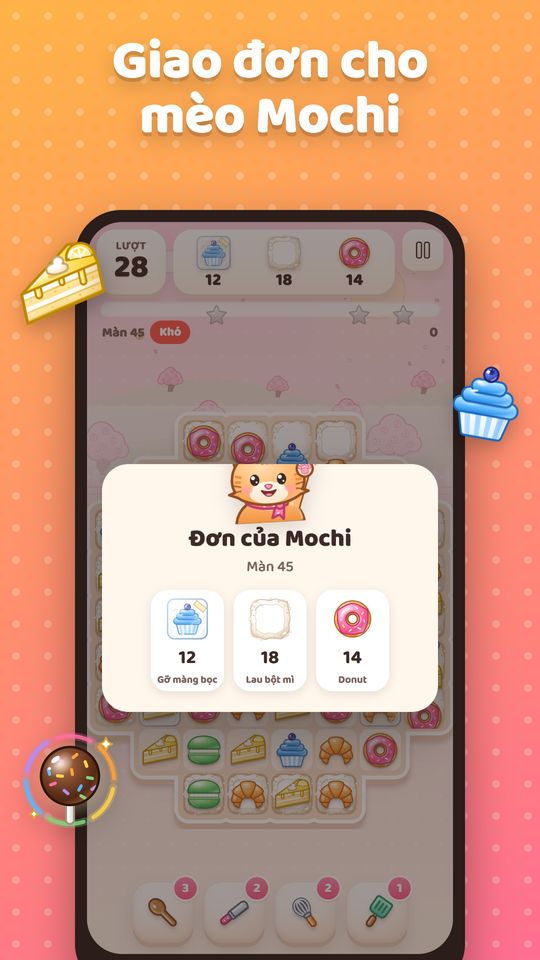 Đơn hàng của mèo Mochi ở màn 45: gỡ màng bọc, lau bột mì và gom donut